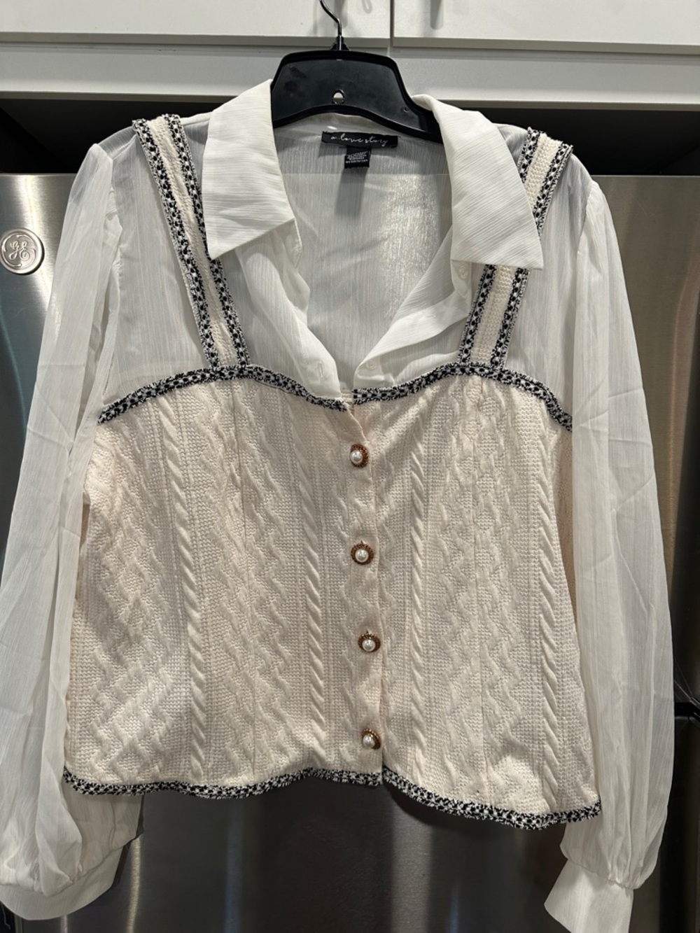 Ivory Layered Knit Bustier Blouse with Sheer White Shirt